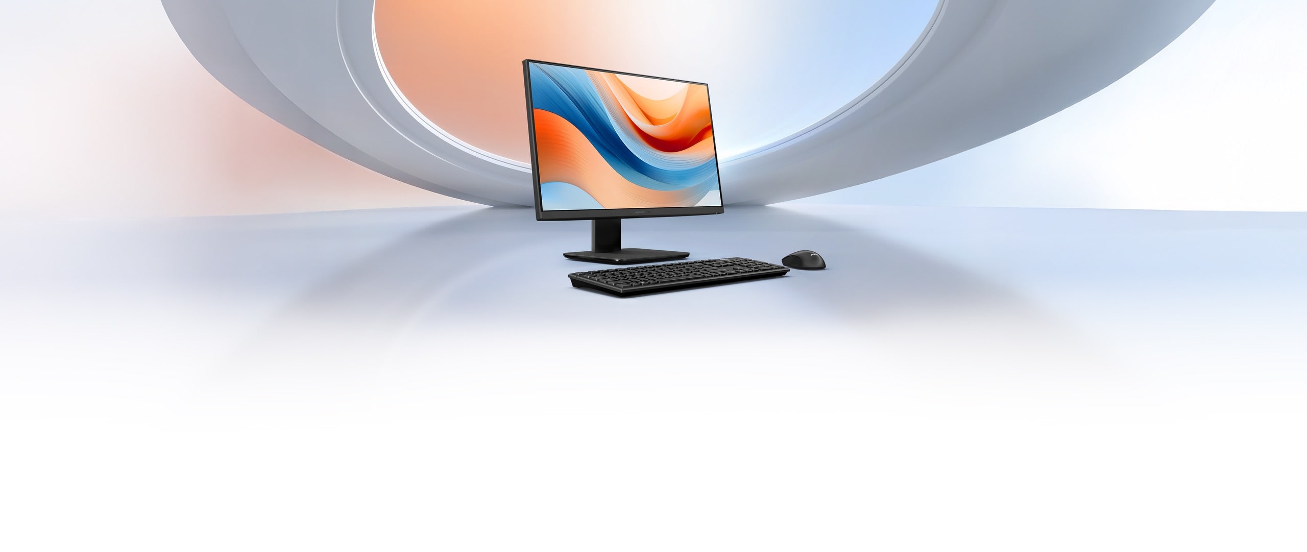 An image of ASUS ExpertCenter P600 AiO in front of a white oval abstract background with a keyboard and mouse in front of it.