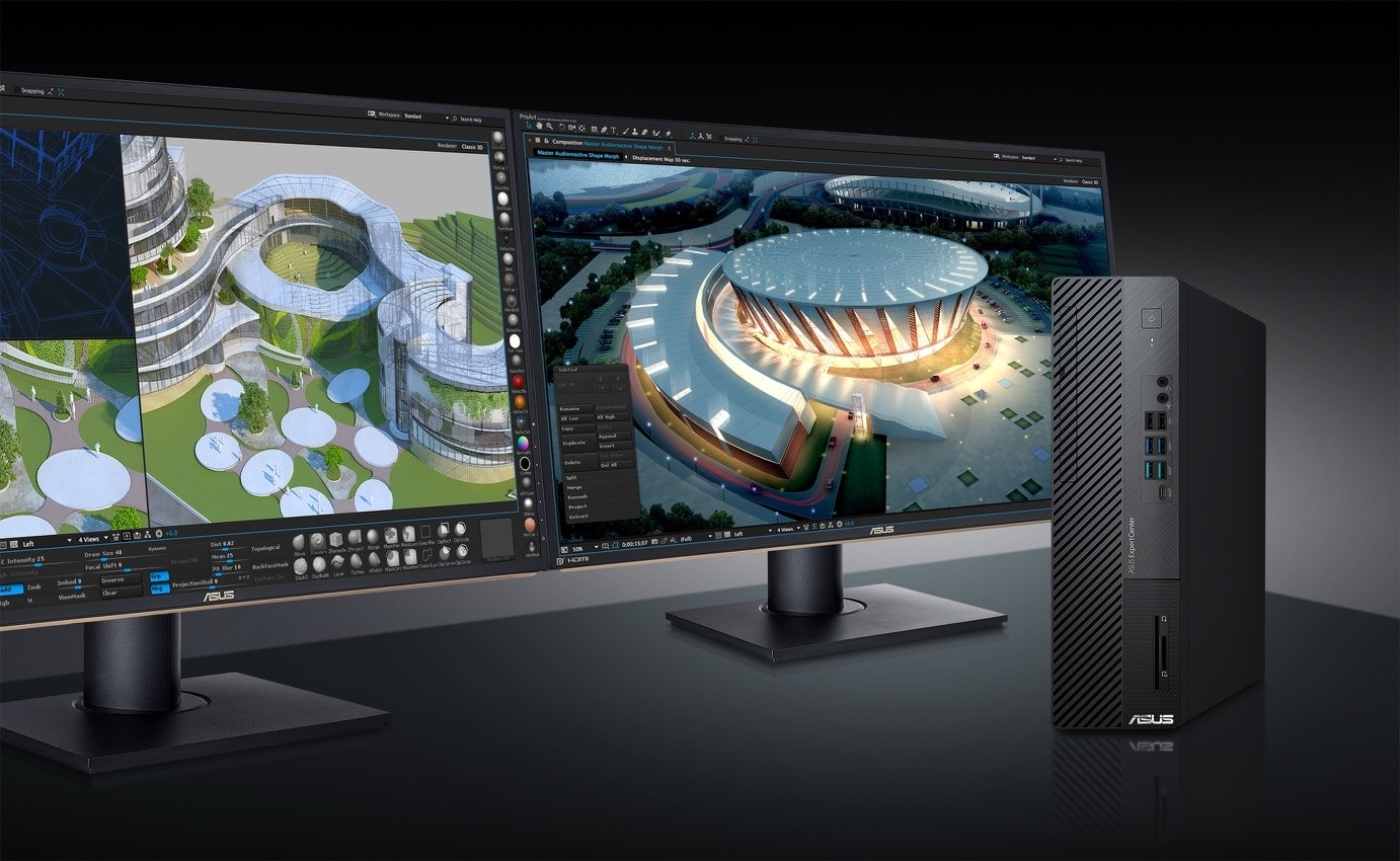 Dual monitor with architecture software in-screen and a D700SC next to them.