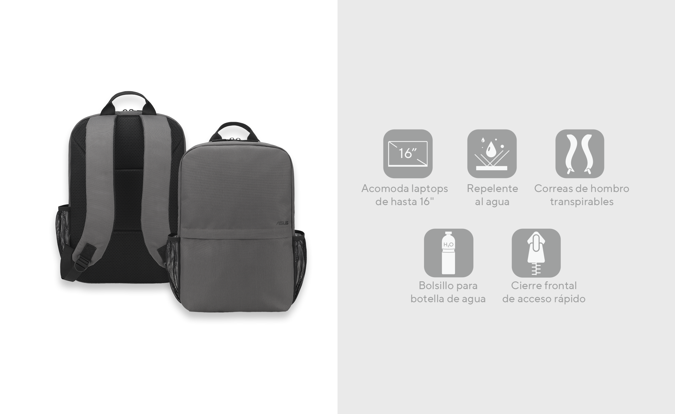 Vistas frontal y trasera de la mochila ASUS AP4600, así como seis iconos de características clave, que incluyen 'se adapta a portátiles de hasta 17 pulgadas', 'repelente al agua', 'arnés de hombro transpirable', 'cremallera frontal de acceso rápido', 'bolsillo frontal sin sellar de acceso rápido' y 'kit de botella de agua'.