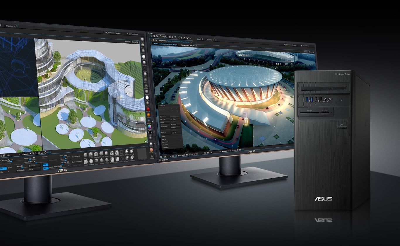 Dual monitor with architecture software in-screen and a D700TC next to them.