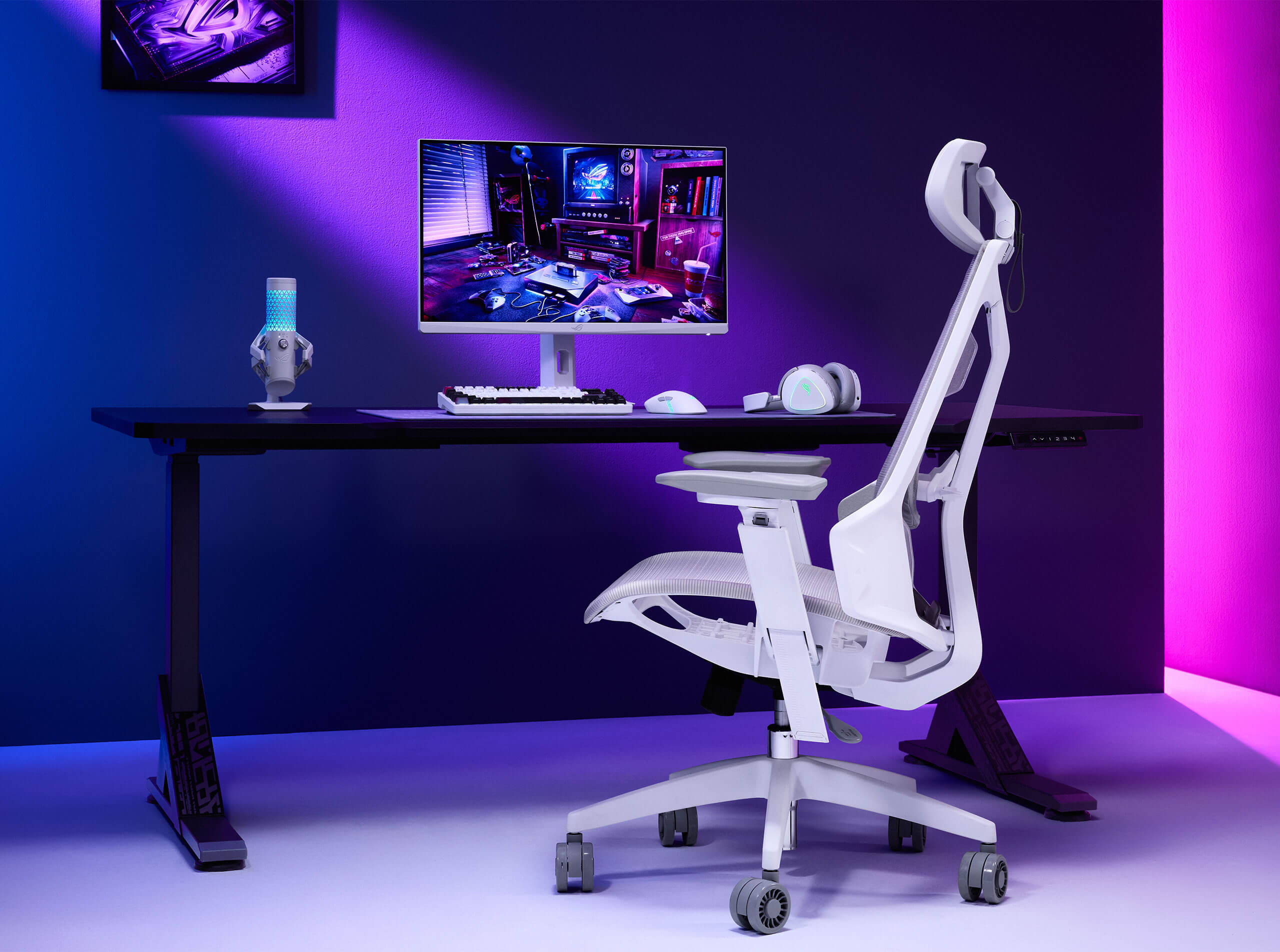 The ROG Destrier Core can be reclined and fixed in the specific level in the background of gaming room.