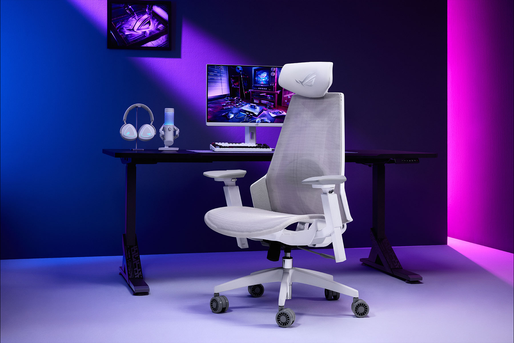 The front view of ROG Destrier Core angled from left in the background of purple and blue lighting.