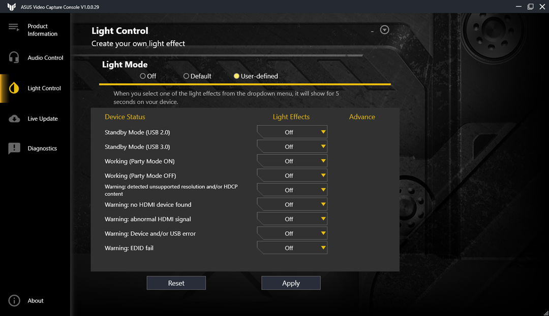 ASUS Video Capture Console user interface: lighting control