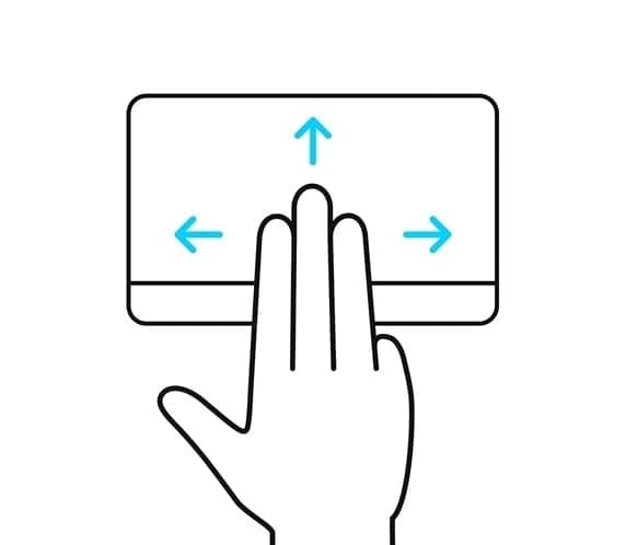 Auf dem ErgoSense-Touchpad werden drei Finger gezeigt, die nach oben, unten, links und rechts wischen.