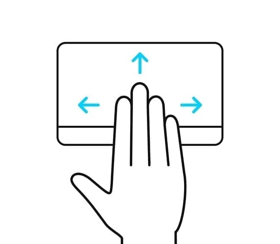 Az ErgoSense érintőpadon négy ujj felfelé, lefelé, balra és jobbra történő csúsztatása látható.
