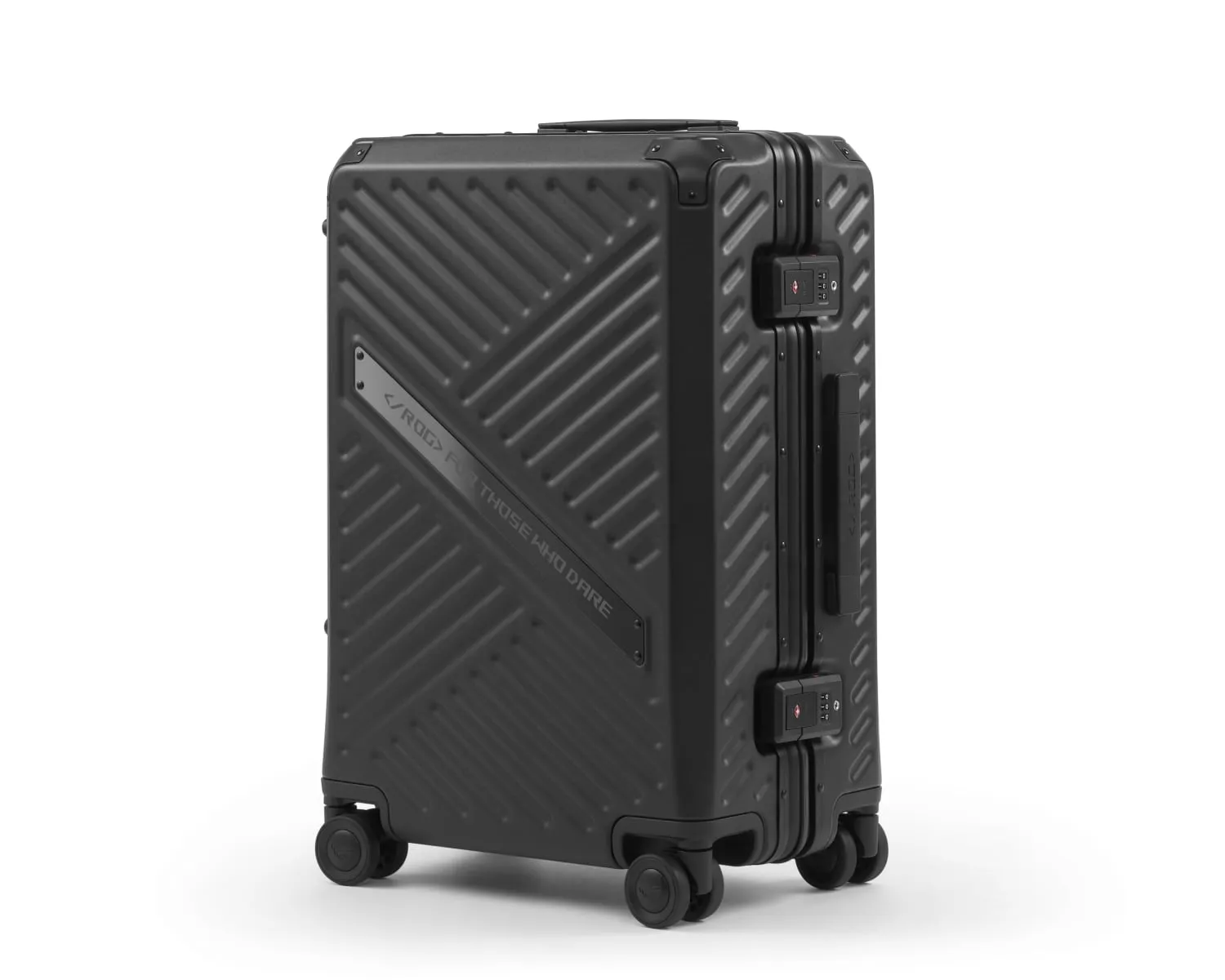 Off center front view of the ROG SLASH Hard Case Luggage on a white background