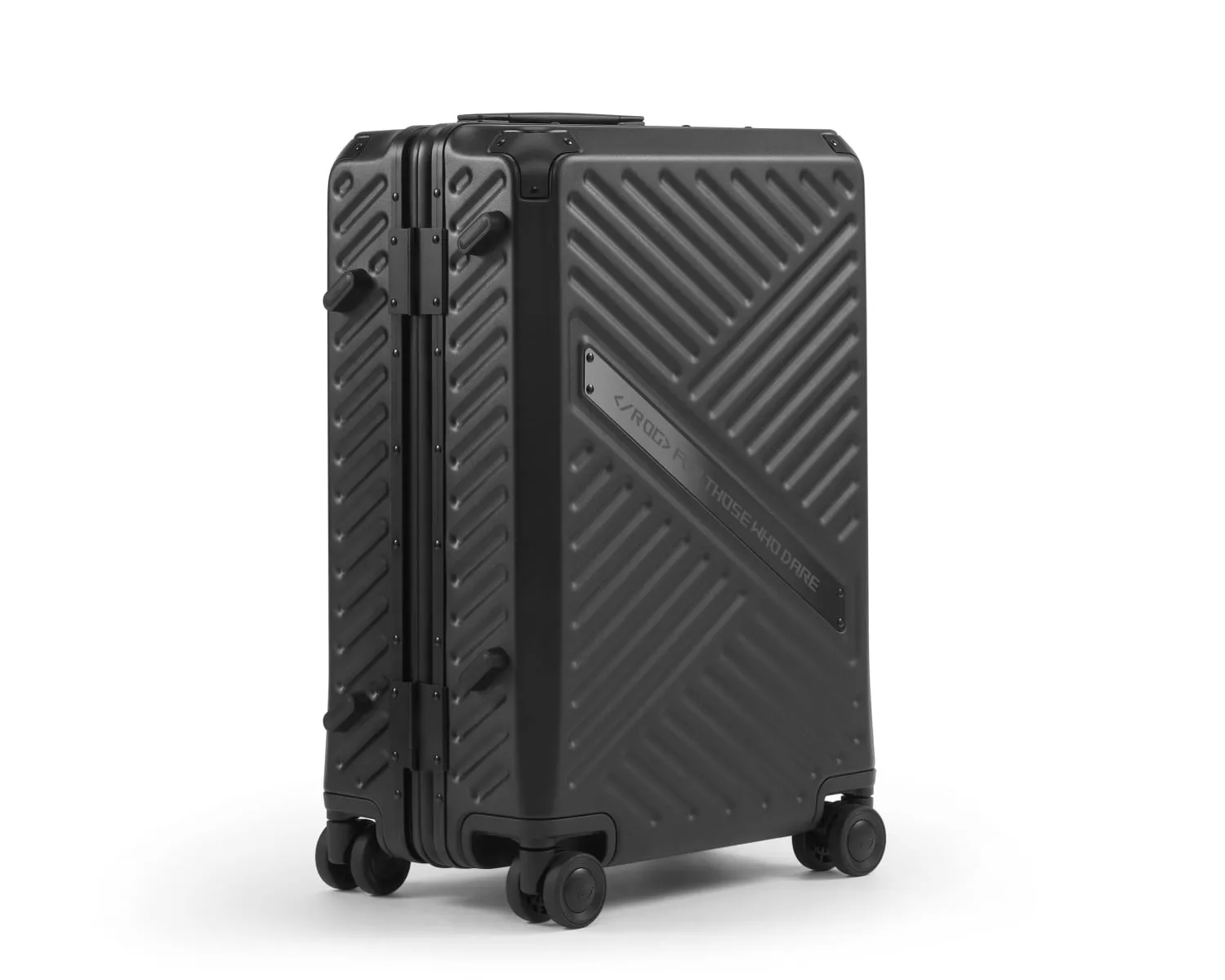 Off center front view of the ROG SLASH Hard Case Luggage on a white background