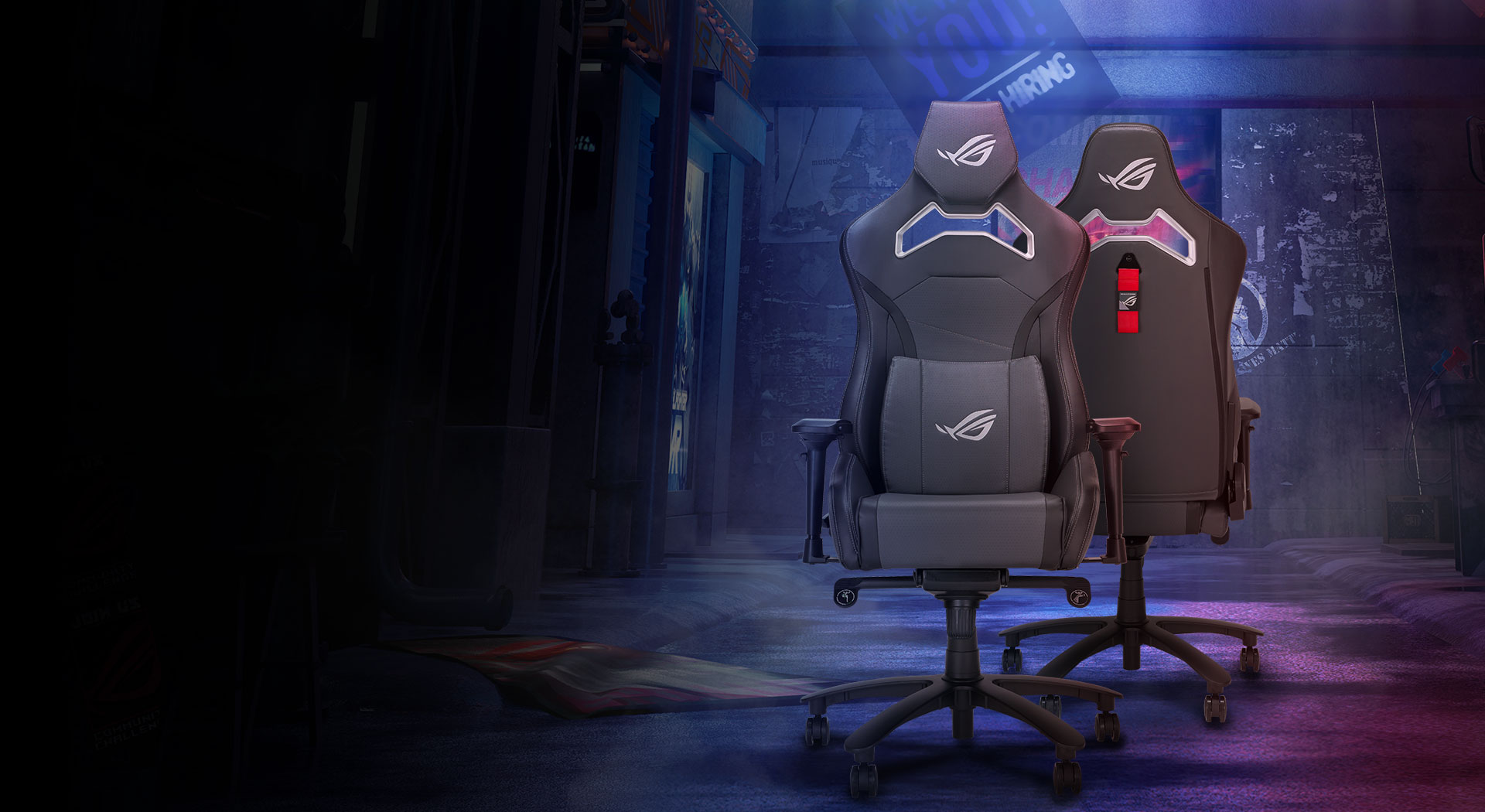 Two ROG Chariot X Core gaming chairs with front and back view