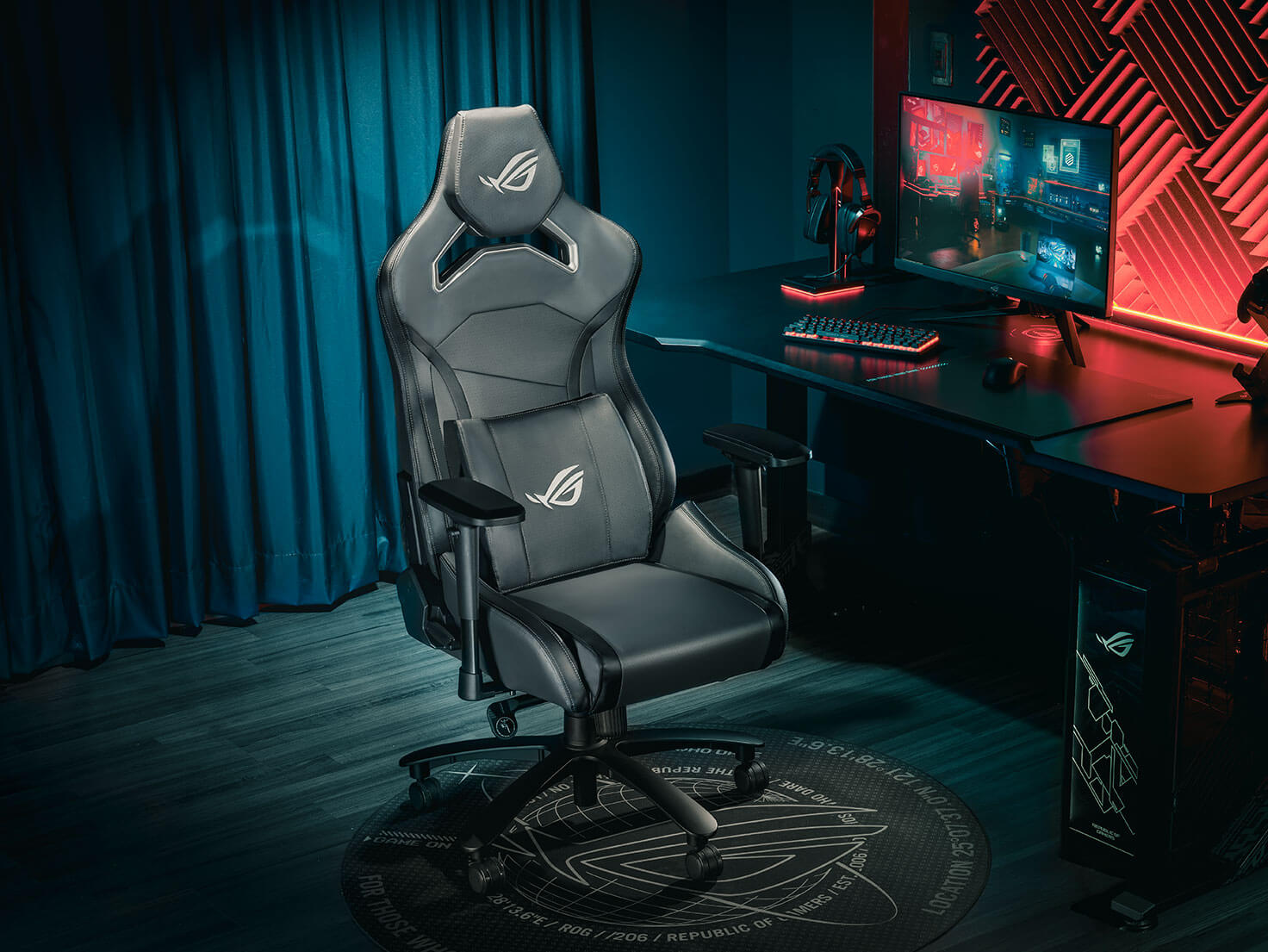ROG Chariot X gaming chair front view to the right in a gaming room setting