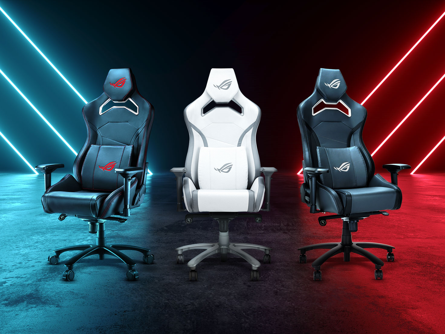 Three Chariot X Core gaming chair in black, grey, and white variations side by side.
