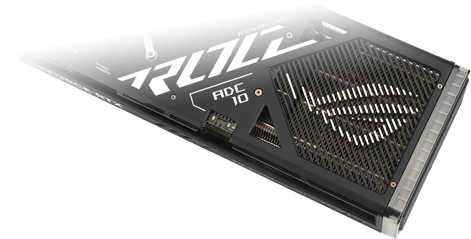 Pohled ze zadní strany na grafickou kartu ROG Strix GeForce RTX 4090.