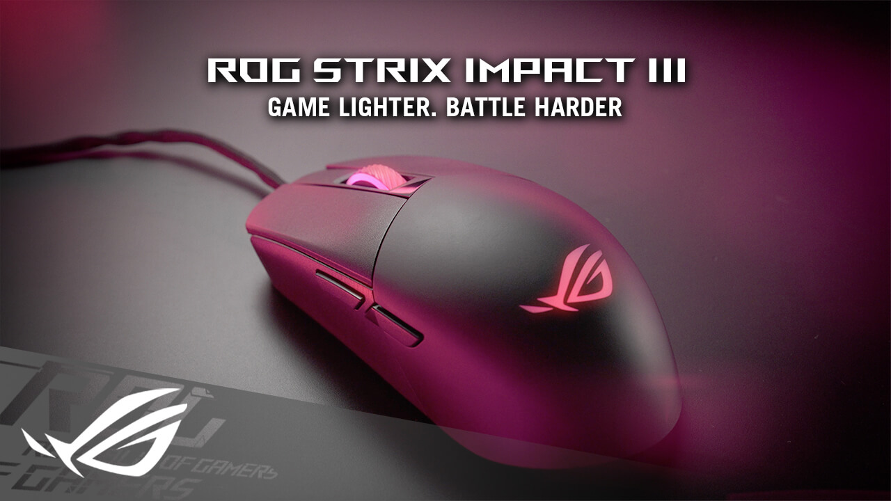 Die ROG Strix Impact III auf einer Oberfläche mit rosafarbenem Farbton