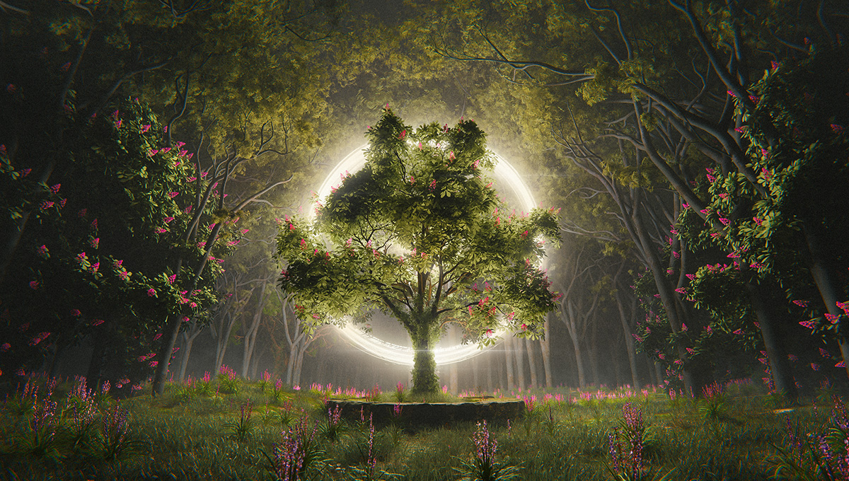 The ASUS ProArtist Awards 2023 key visual depicting a single tree standing in the middle of a forest with a light circle surrounding it.