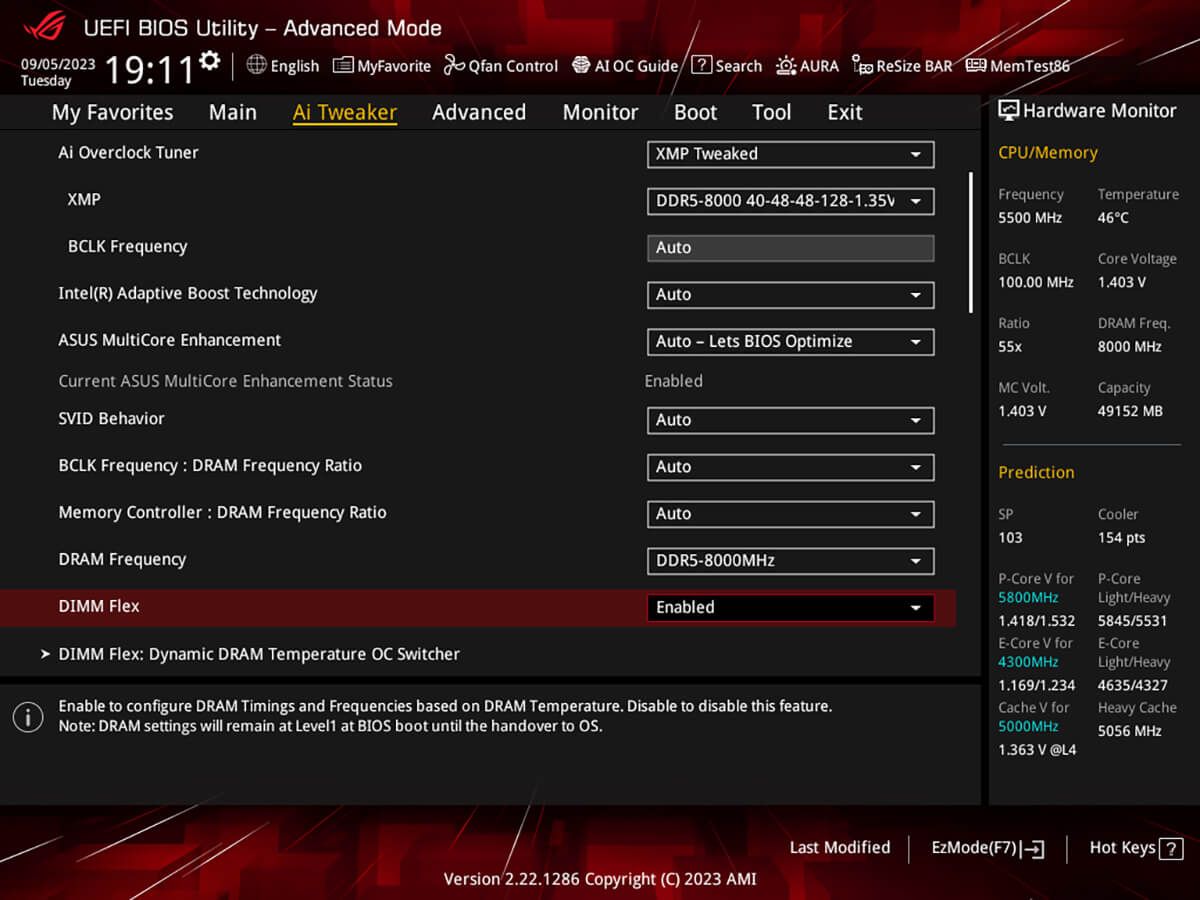 The UI of AI Tweaker at BIOS with DIMM Flex enabled