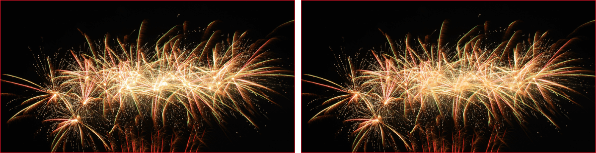 Image of fireworks against a dark sky. / Image of fireworks against a dark sky, with the center of the fireworks dimmed.