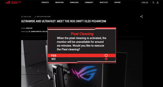 The pixel cleaning reminder pop-up