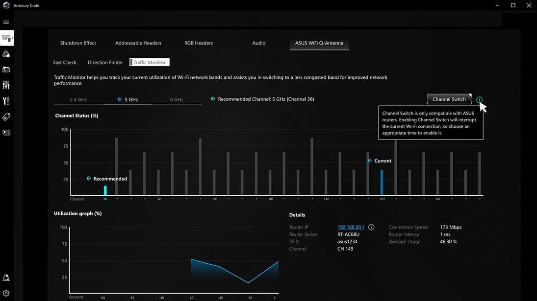 Armoury Crate UI zeigt die Funktion Traffic Monitor.