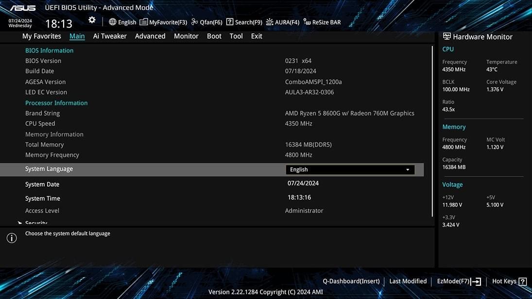 UEFI BIOS Advanced Mode UI.