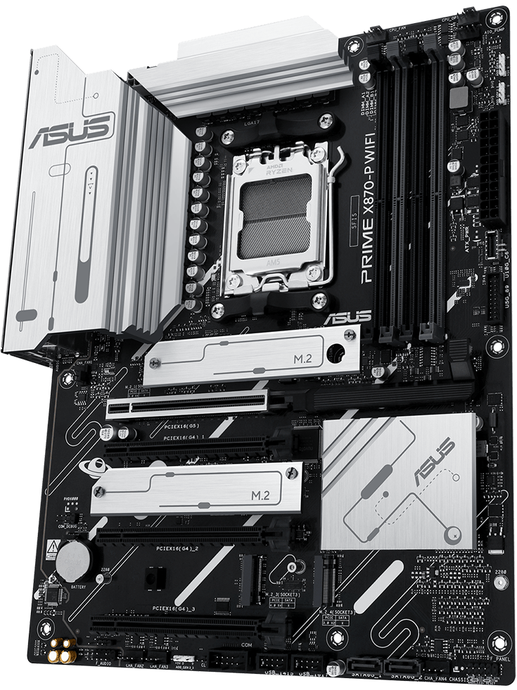 PRIME X870-P WIFI 主機板前視圖，漂浮在太空中。