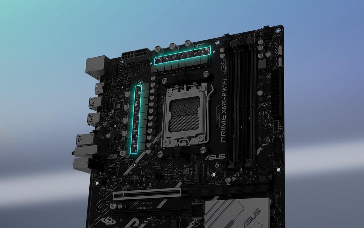 Schräge Draufsicht auf das PRIME X870-P WIFI Motherboard.