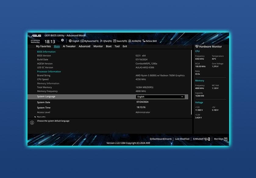 UEFI BIOS Advanced-modus gebruikersinterface.