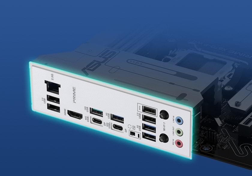 Graphic depicting the PRIME X870-P WiFi pre-mounted I/O Shield.