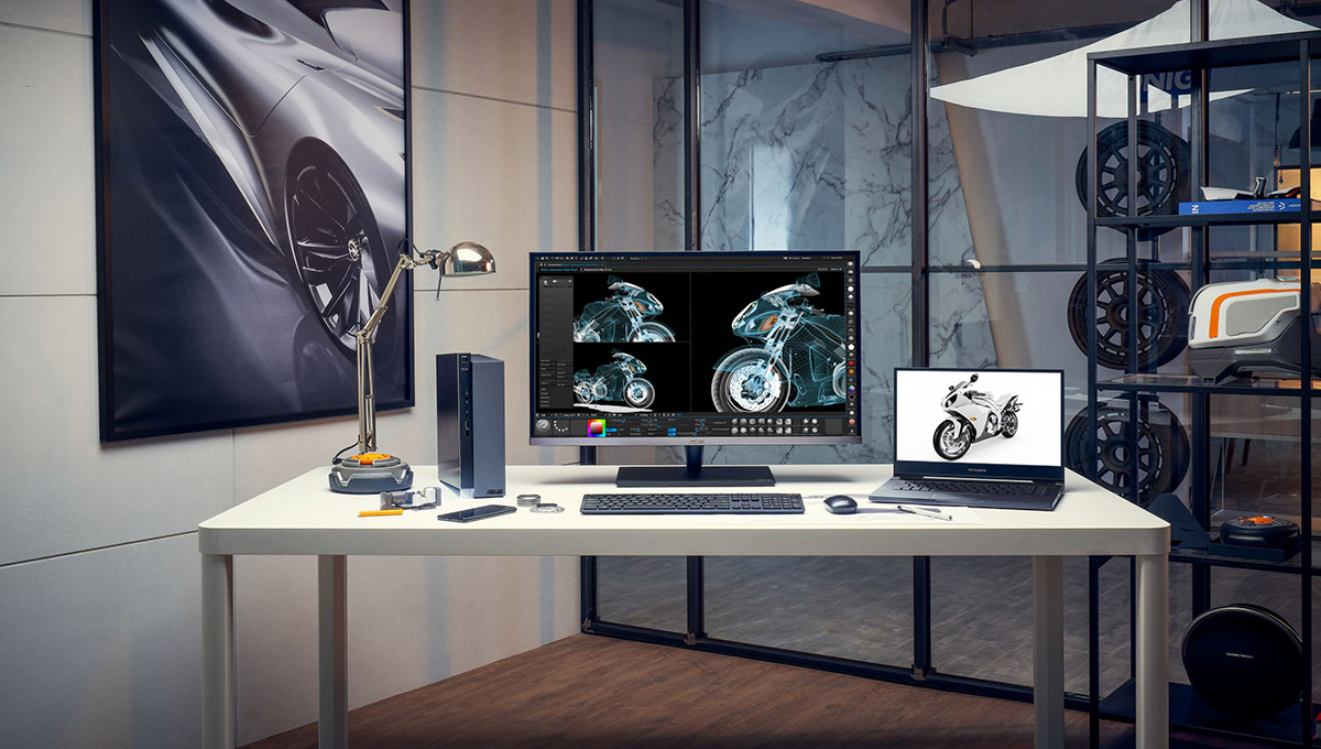 ASUS ProArt Studiobook creator laptop and ProArt Station desktop for creators  with ProArt monitor used in a product designer’s office to design a motorcycle