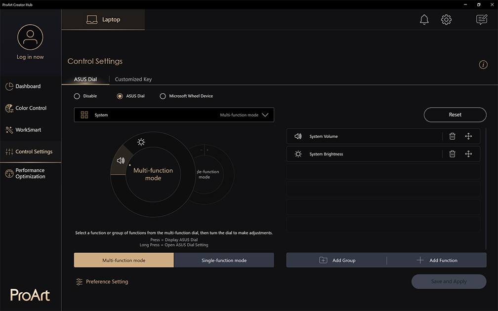 Control Setting function with ASUS Dial customization options enabled in ASUS ProArt Creator Hub
