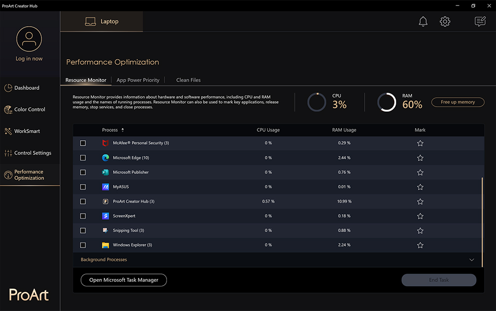 Performance optimization function with the Resource Monitor menu displayed in the ASUS ProArt Creator Hub