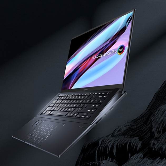 ASUS Zenbook 16X OLED laptop with an open screen and a tilted keyboard with AAS Ultra design and a colorful wallpaper on dark stony background