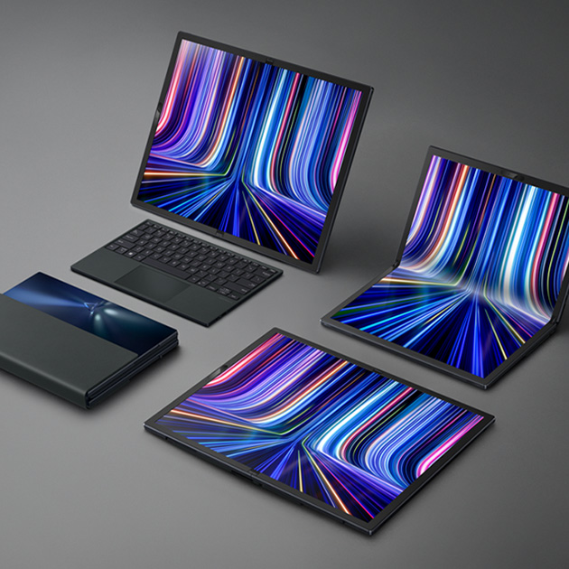 ASUS Zenbook Pro 14 Duo OLED dual screen laptop with a 3D image of a robot design coming out of both screens on a dark stone background
