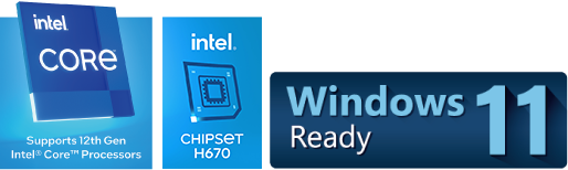 Core i9 processor icon , Intel H670 Chipset icon , Windows 11 icon