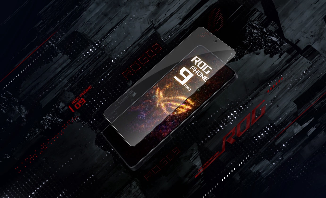 The ROG Antibacterial glass screen protection with the ROG Phone 9’s phone in front of the black electronic-stone texture background.