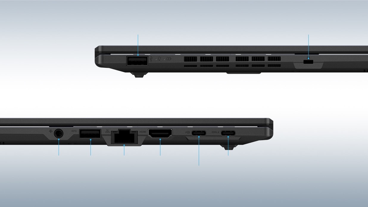 ExpertBook B1 (B1402CVA)  兩側側面圖，分別展示出連接埠。右側由左至右：USB 2.0 Type-A 、一個Kensington nano 鎖槽. 左側由左至右為音訊複合插孔、一個 USB 3.2 Gen1 Type-A, 一個 RJ45, 一個 HDMI, 兩個 USB 3.2 type-c 插孔.