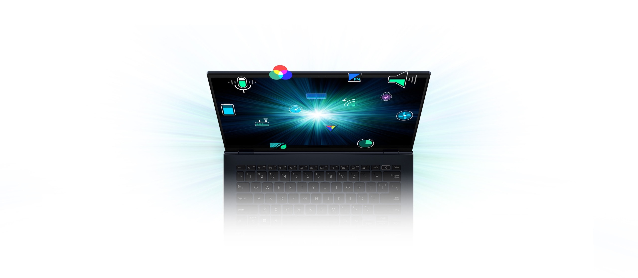 A laptop viewed from the front with a starburst graphic on the screen surrounded by app icons.
