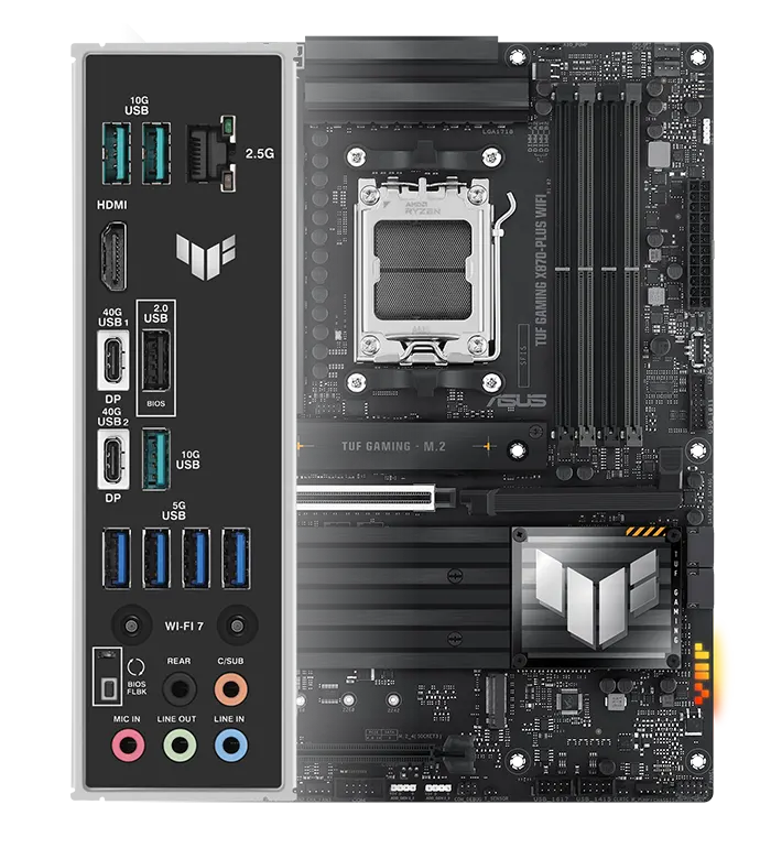 TUF Gaming motherboard front view, with Aura lighting, and I/O shield