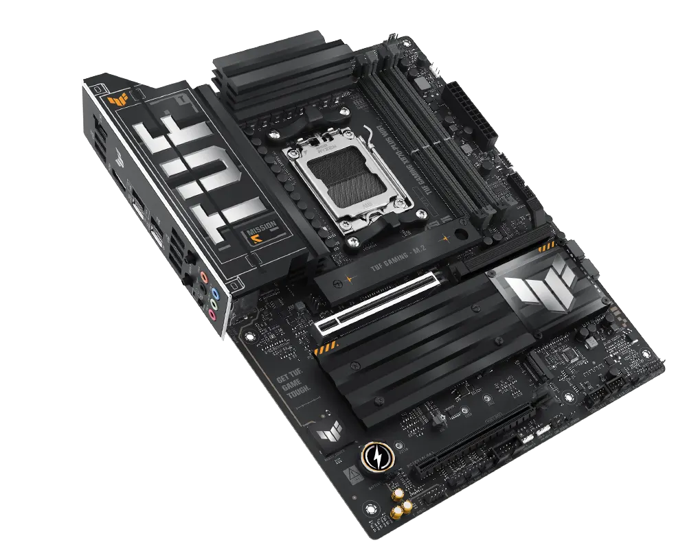 TUF Gaming motherboard front view, 45 degrees