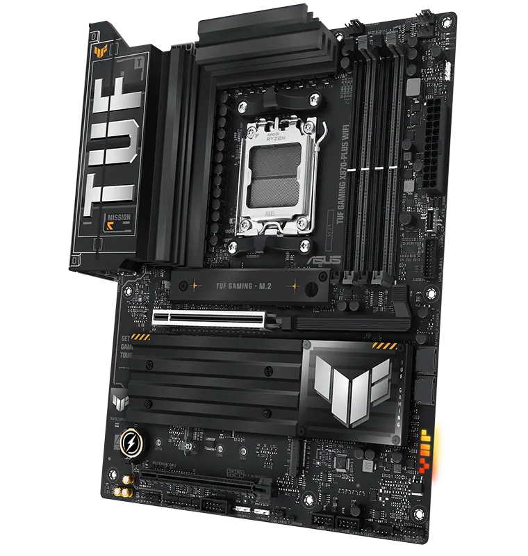 TUF Gaming motherboard front view, 60 degrees, with Aura lighting