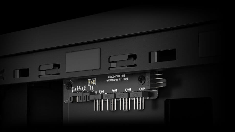 Closeup of integrated fan hub with support for up to 5 PWM fans