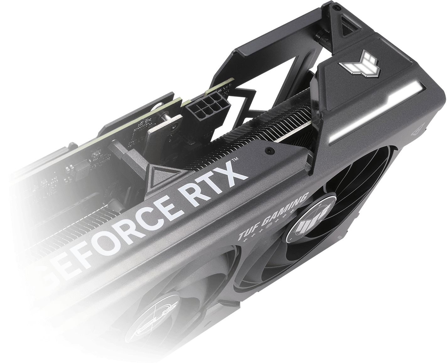 Angled view of the ASUS TUF Gaming GeForce RTX 4070 graphics card, highlighting the ARGB element