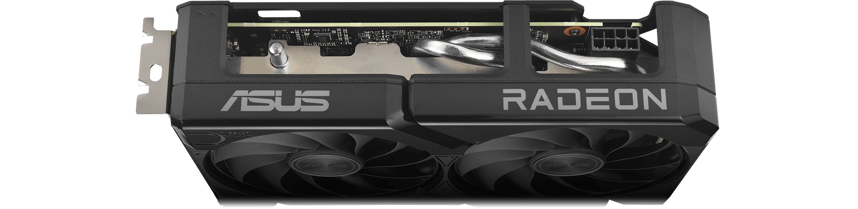 ASUS Dual Radeon™ RX 9060 XT 顯示卡的傾斜俯視圖