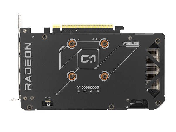 Radeon™ RX 9060 XT 顯示卡保護性背板的特寫視圖。