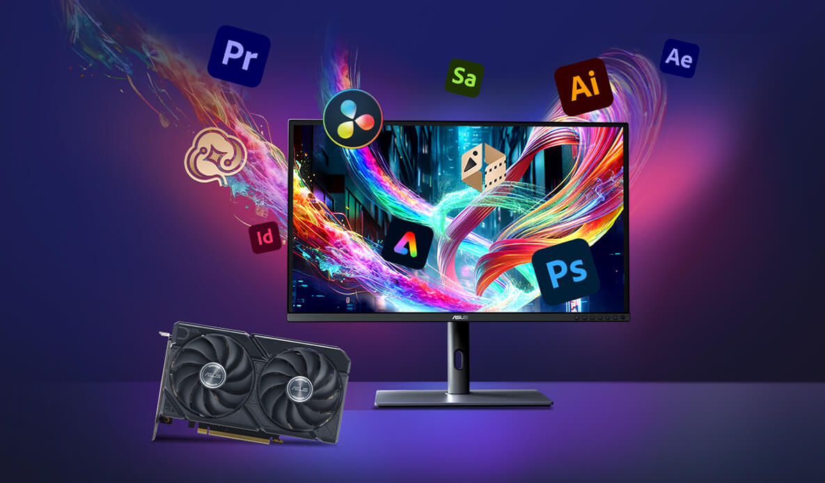 桌子上的螢幕和 Radeon™ RX 9060 XT 顯示卡，螢幕周圍漂浮著 Adobe 產品標誌