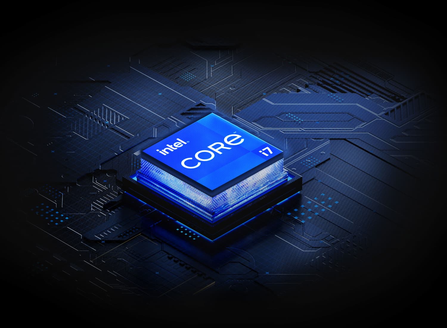 A stylized Intel Core 7 CPU on a motherboard, with graphs describing the power efficiency of the new chip.