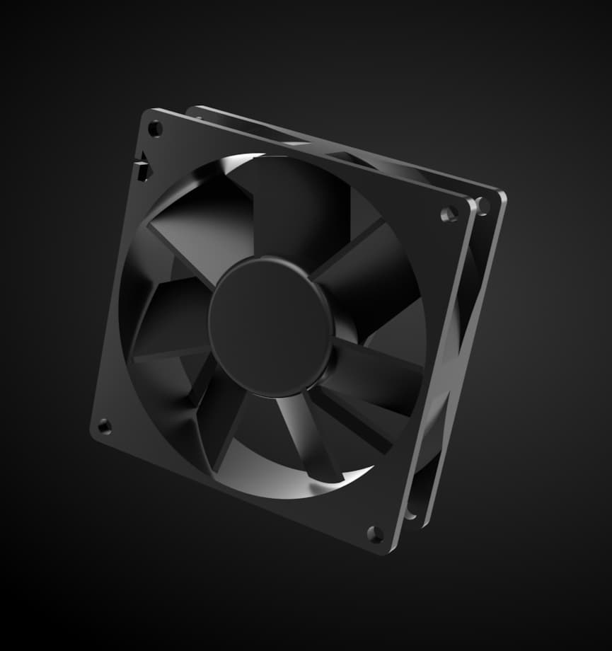 A 3D render of the 90mm cooling fan.
