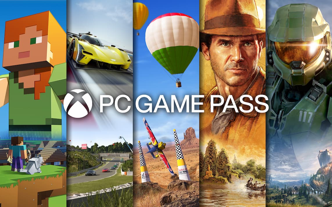 A composite image with Minecraft, Forza, Fight Simulator, Indiana Jones, and the Halo franchise visible below the text “PC Game Pass”.