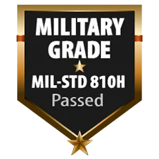 A small badge with gold borders and the text “Military Grade: MIL-STD 810H Passed”.
