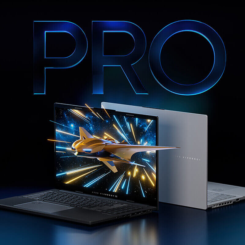 Two open ASUS Vivobook Pro 15 OLED laptops: a grey one is facing forward and has a spaceship flying out of the screen, and a silver laptop is turned away, with only a portion of its lid showing.