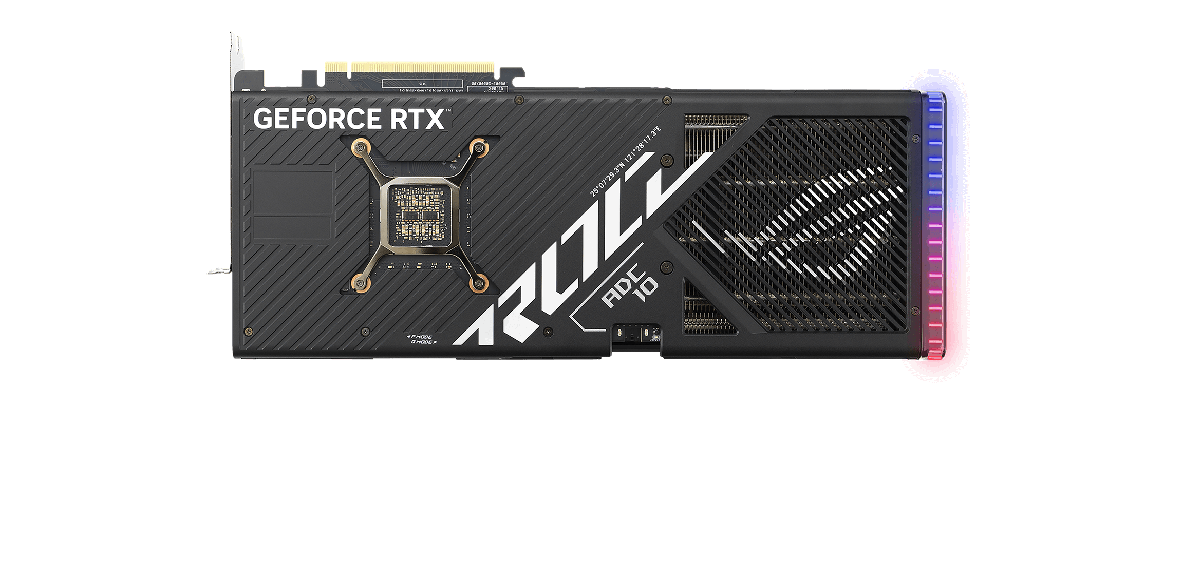 Achteraanzicht van de ROG Strix GeForce RTX 4080 SUPER videokaart.