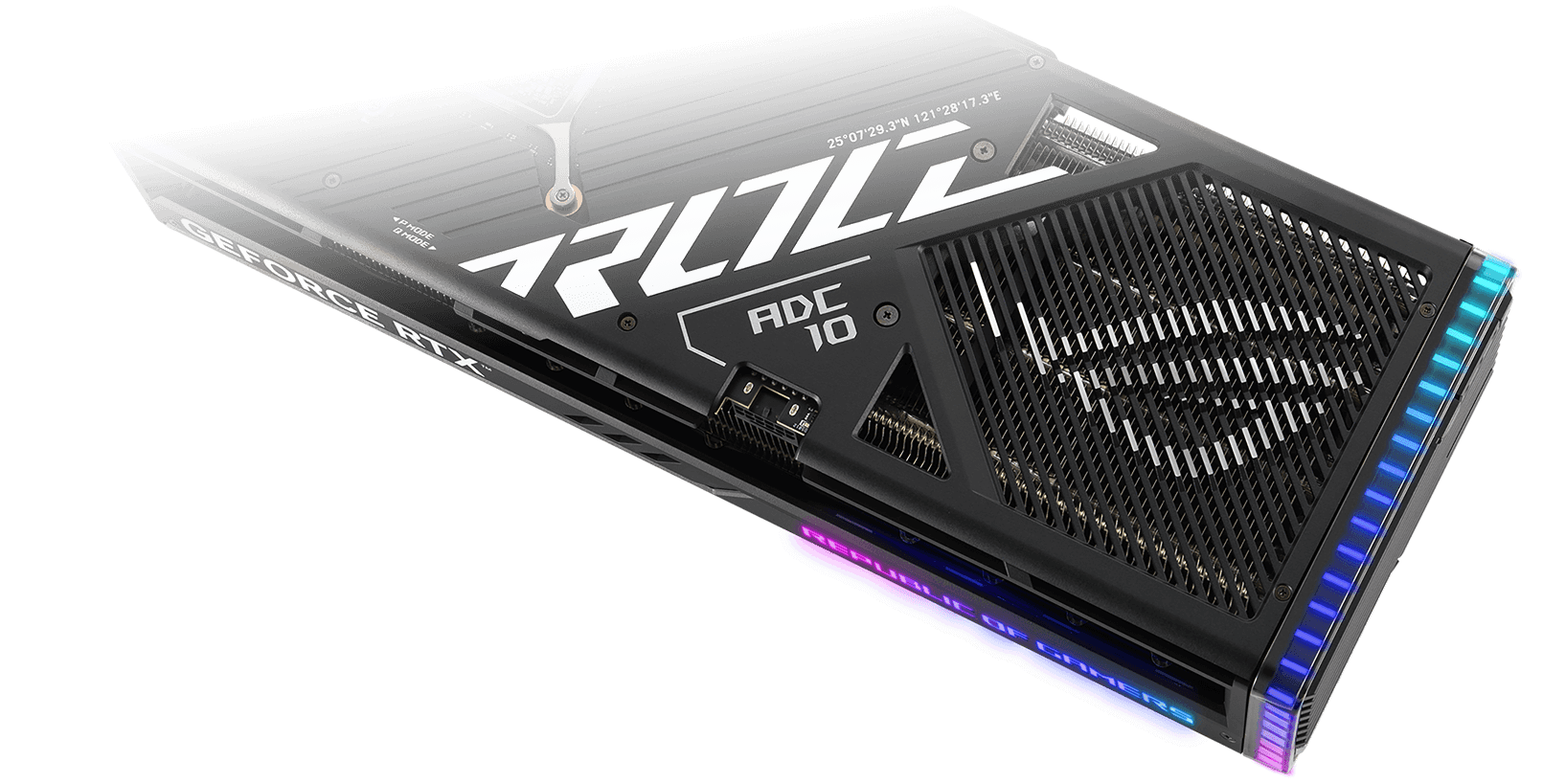 Rear view of the ROG Strix GeForce RTX 4080 SUPER graphics card.